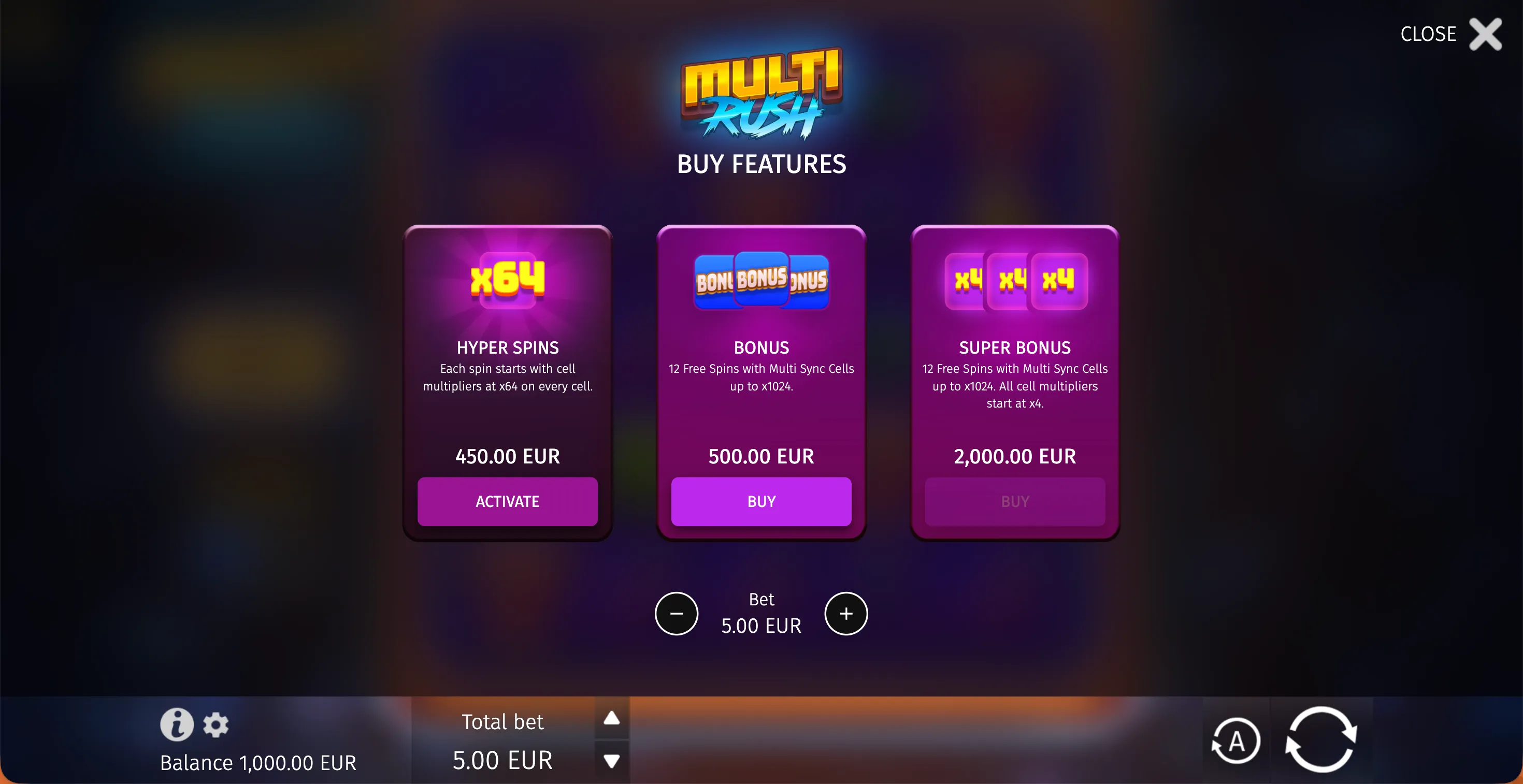 Multi Rush slot buy features interface on mobile showing Hyper Spins, Bonus, and Super Bonus