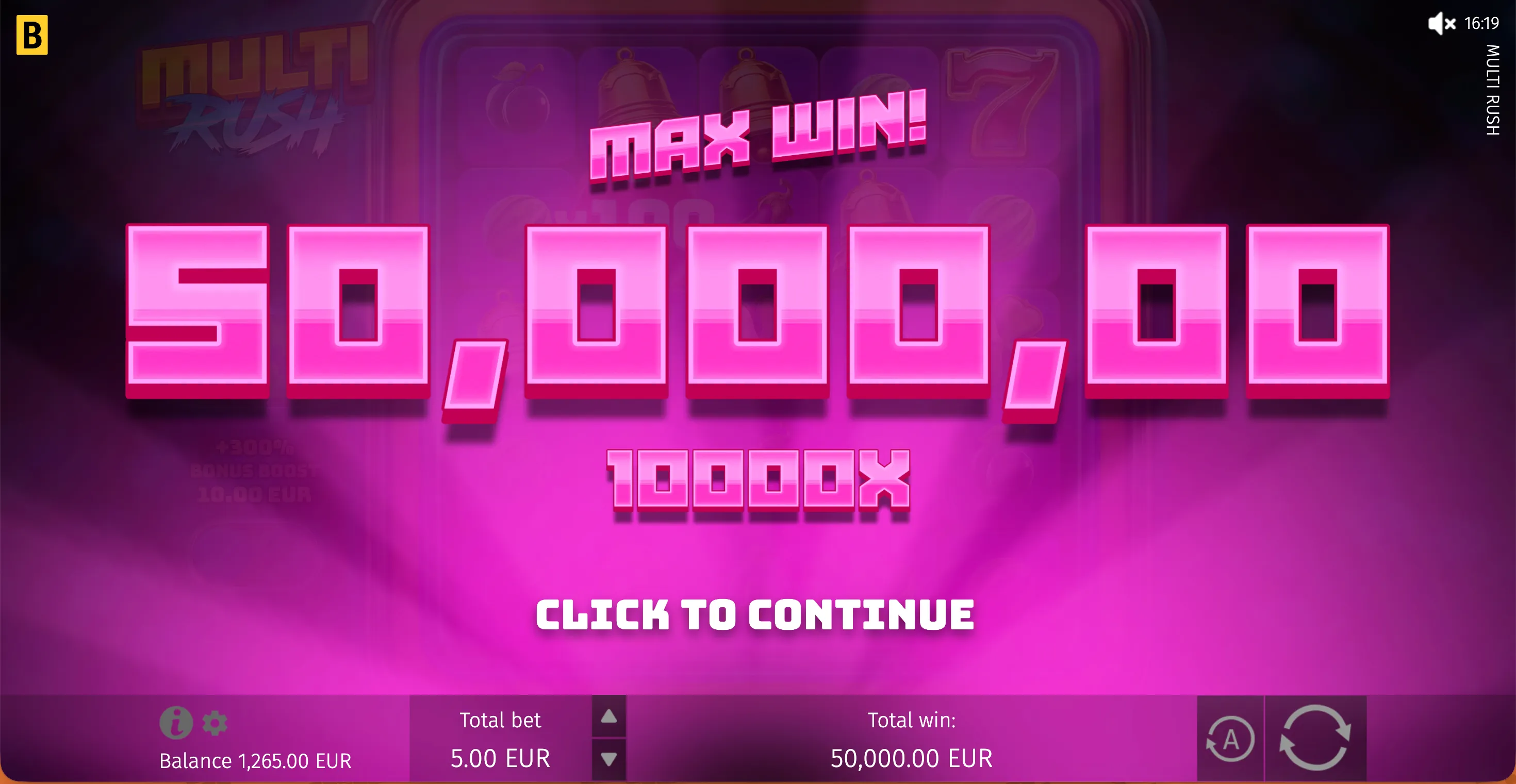 Multi Rush slot max win screen showing 50,000.00 payout at 10000X multiplier